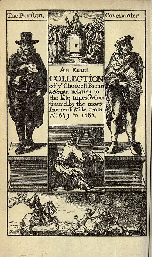 An Exact Collection of þe Choicest Poems & Songs, Relating to the Late times, & Continued by the most Eminent Witts, from Aº 1639 to 1661. Illustrations: "The Puritan" left; "Covenanter" right; top; bottom.