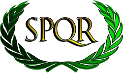 The letters SPQR encircled by a laurel wreath. The letters stand for the latin phrase "Senatus Populusque Romanus" or, in English, "The Senate and People of Rome."