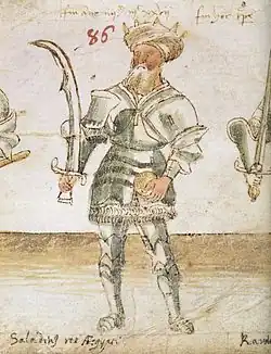 "Saladin Rex Aegypti" - a fifteenth century portrait of Saladin as a knight in armor waering a turban.