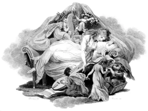 Engraving from 'Salmagundi; a miscellaneous combination of original poetry' by George Huddesford, printed in 1791. Artist is identified as 'Burney' (probably Edward Francis Burney 1760-1848) and the engraver 'Heath' (probably James Heath (1757-1834)