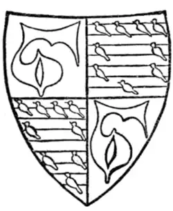 Fig. 121.—Arms of Laurence de Hastings, Earl of Pembroke (d. 1348); Quarterly, 1 and 4, or, a maunch gules (for Hastings); 2 and 3, barruly argent and azure, an orle of martlets (for Valence). (From his seal.)