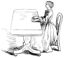 Sketch showing how a table tilted by a medium conceals her lifting motions when seen end-on.