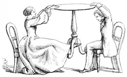 Sketch showing a medium making a table float by lifting it with her foot; unfortunately a spectator has ducked under the edge and is able to see this action.