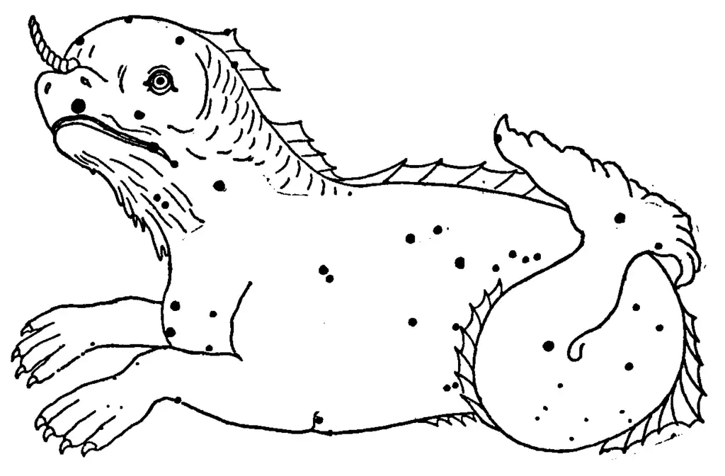 The constellation Cetus pictured as a sea monster with the major stars denoted