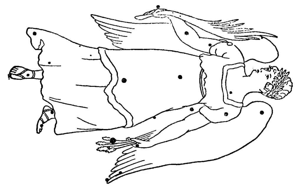 The constellation Virgo pictured as a woman with the major stars denoted