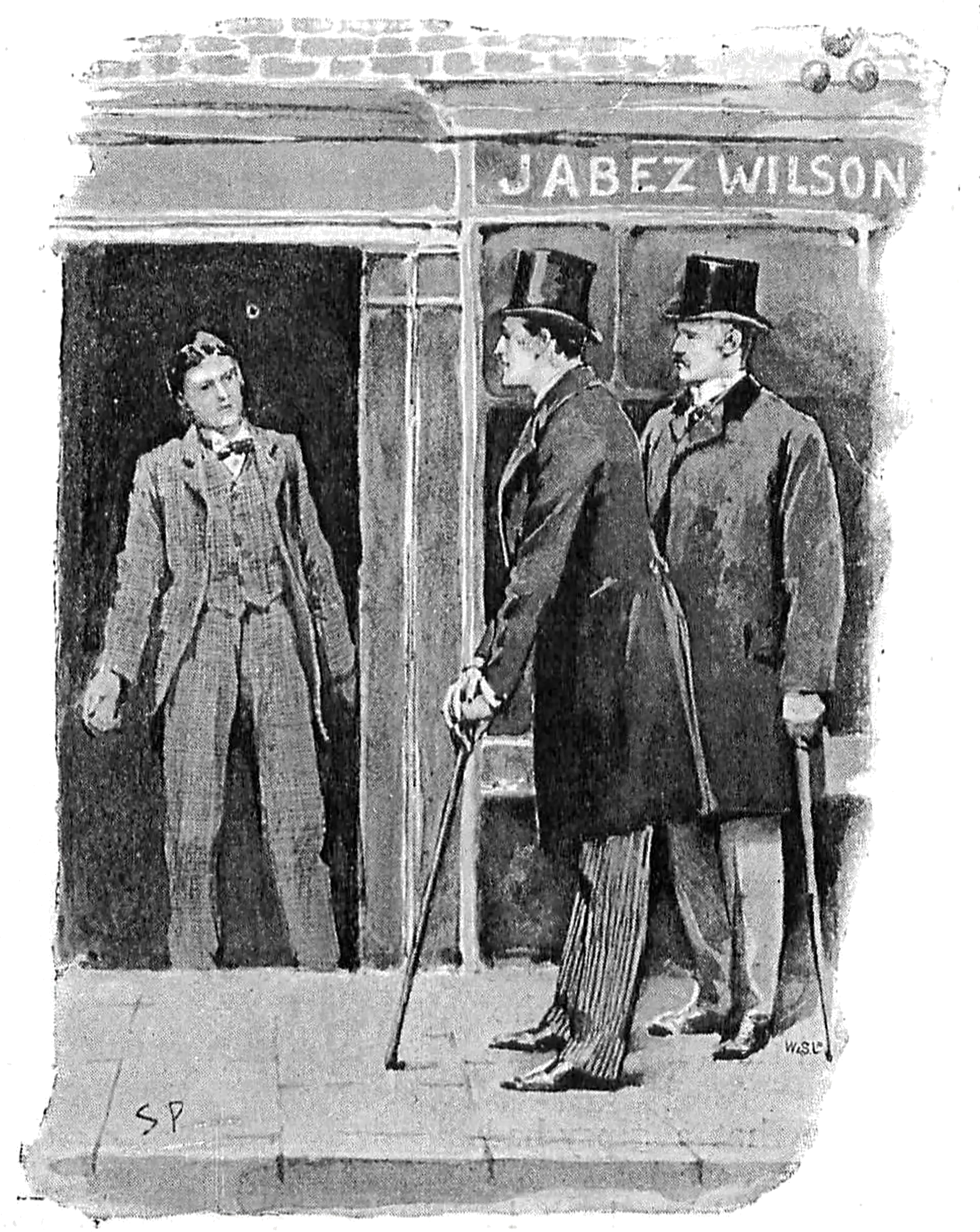Two people in front of a building with "Jabez Wilson" on it; another person stands in the doorway of that building