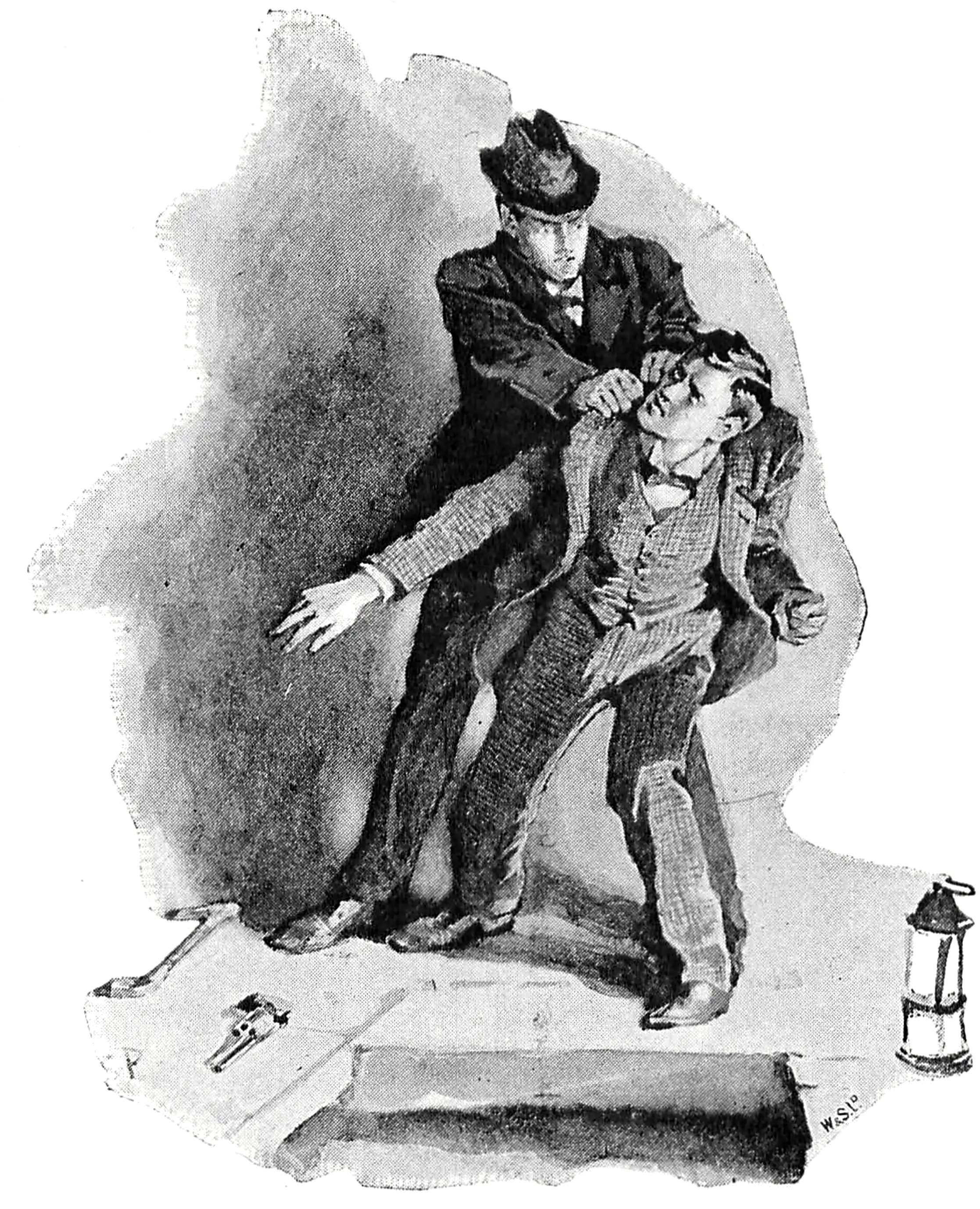 One person grabbing another near the shoulders by a square hole in the ground, with a lantern next to it