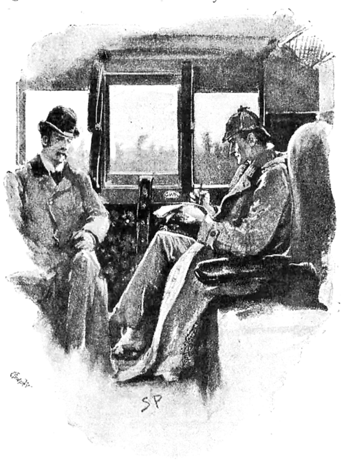 Dr. Watson and Sherlock Homes in a compartment of a railway carriage.