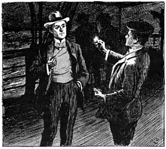 Illustration of a man holding a lit match up for another man near the rail of a ship