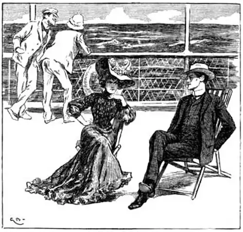 Illustration of a woman and a man sitting on adjacent chairs on the deck of a ship