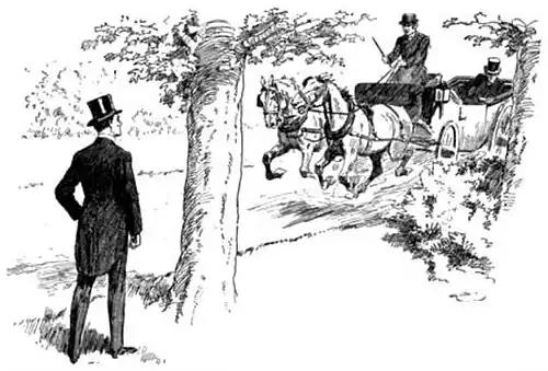Illustration of a man at the side of the road observing an oncoming horse-drawn carriage