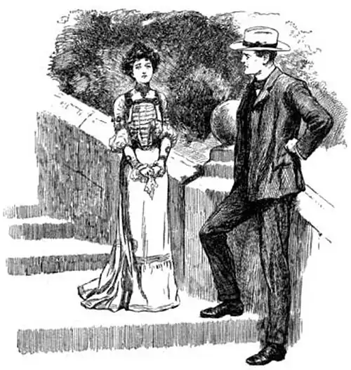 Illustration of a man and a petite woman standing on a broad staircase