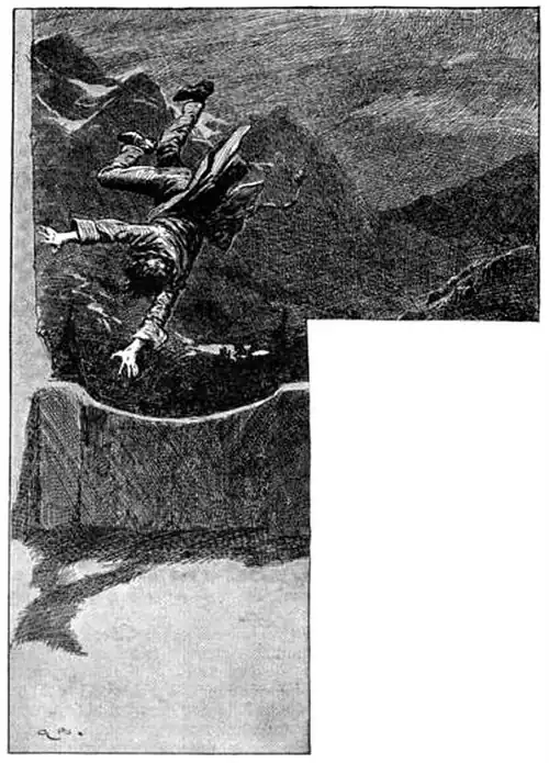 Illustration of a man plunging over a parapet with craggy hills in the background