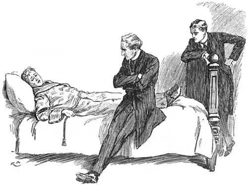 Illustration of Piozzi lying weakly on a bed while Vandeleur and Druce lean at foot