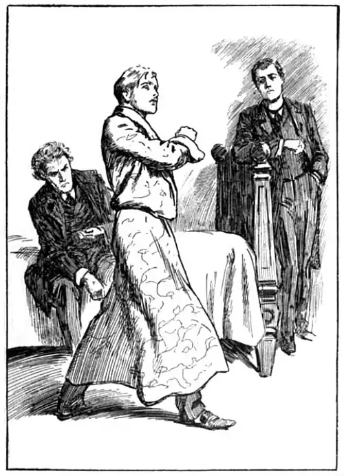 Illustration of Piozzi striding in a dressing gown while Vandeleur and Druce watch from their previous positions