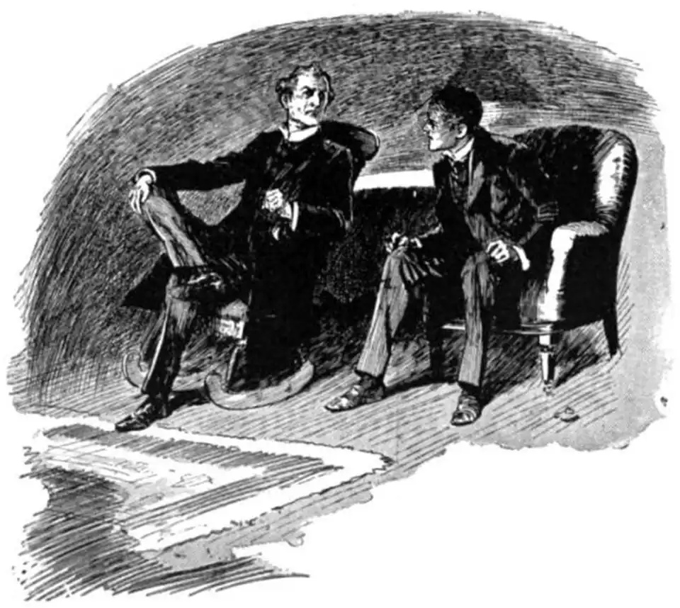 Illustration of Vandeleur and Druce seated in adjacent chairs, lit as if they are facing a fireplace