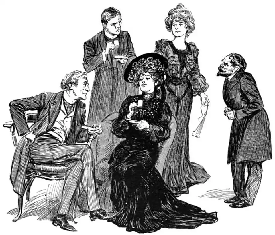 Illustration of Vandeleur, Druce, a perfectly normal-looking Mrs. Bensason, and Rigby clustered around Madame Sara