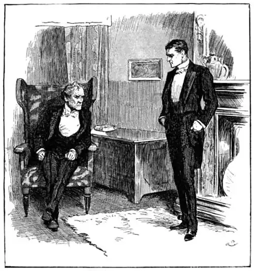 Illustration of Vandeleur seated with a fixed face while Druce, standing, observes him