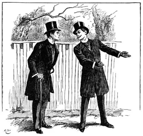 Illustration of Hiliers gesturing as he speaks to an attentive Druce beside a fence
