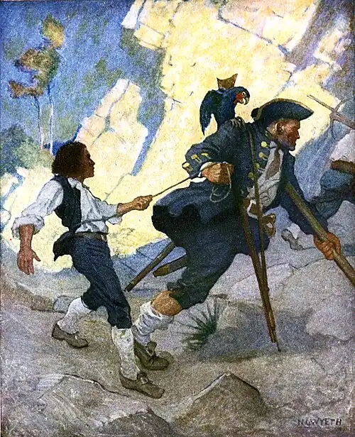 A man in a naval uniform, with a wooden leg, crutch and a parrot on his shoulder, pulls along a boy by a rope tied around the boy's waist.