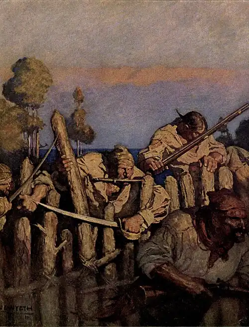 Pirates, armed with rifles, knives and swords, climb over a palisade of logs.