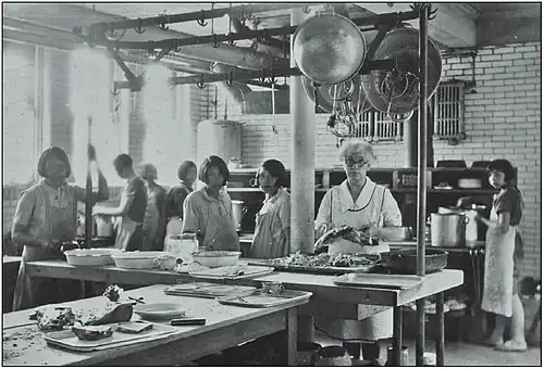 Students and staff working in the kitchen in the Edmonton, Alberta, school. The United Church of Canada Archives, 93.049P885N.