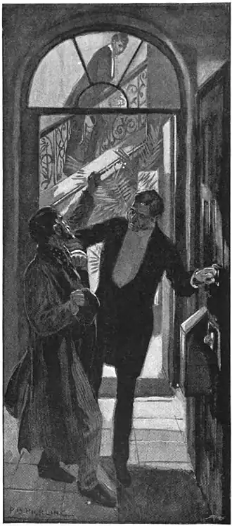Illustration of a butler in a doorway restraining a man with a raised fist while a third man ascends a staircase in the background
