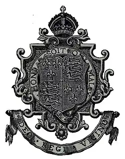 Coat of arms of Bromsgrove School, bearing the school motto "Deo, regi, vicino" and the maxim "Honi soit qui mal y pense".