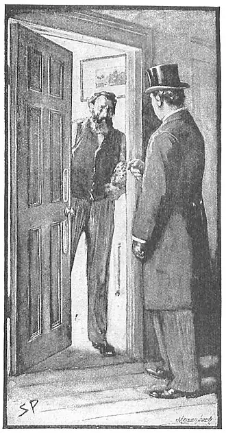 Illustration of a hunched, bearded man standing in a doorway facing a man in a tophat