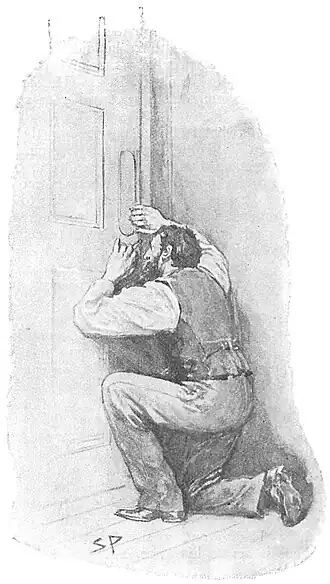 Illustration of a man kneeling at the keyhole of a closed door