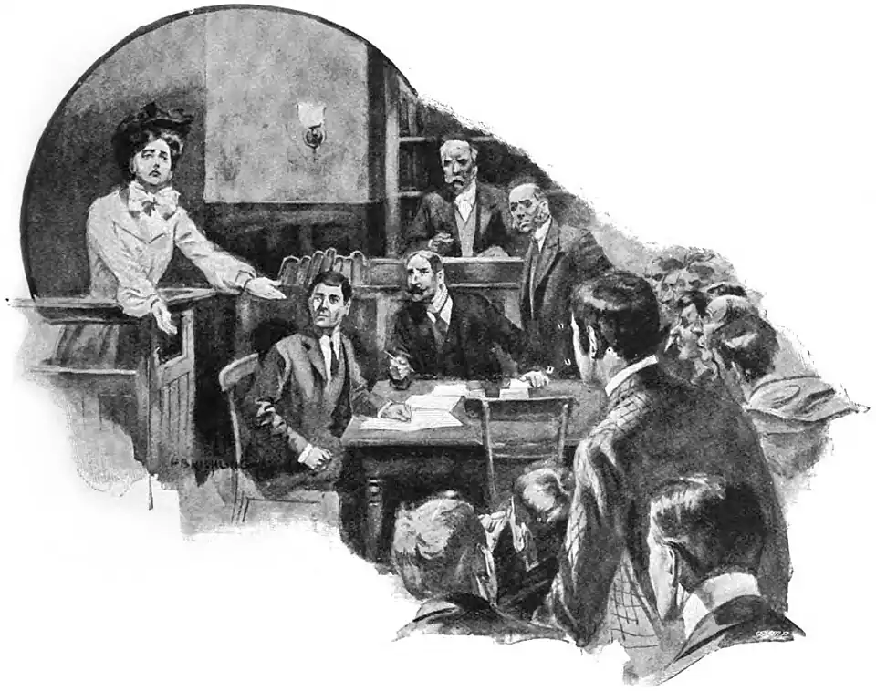 Illustration of a woman in a courtroom extending her arms toward a standing man while the crowd leans forward