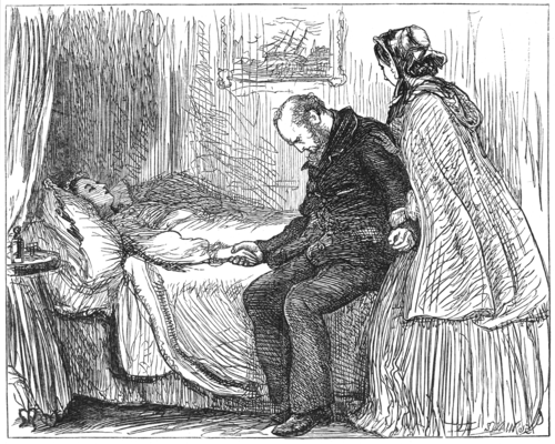 A middle-aged man sitting on the side of a bed holding a dying-woman’s hand, his head sunk low; a woman in a bonnet and cloak is standing laying her hand on his shoulder