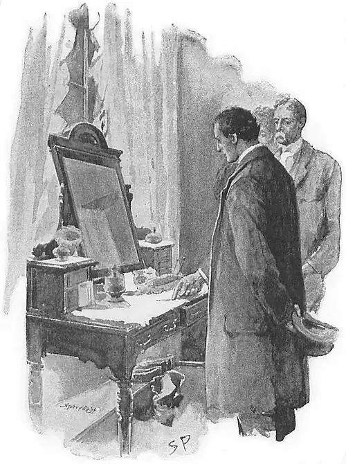 Illustration of two men standing before a dressing-table