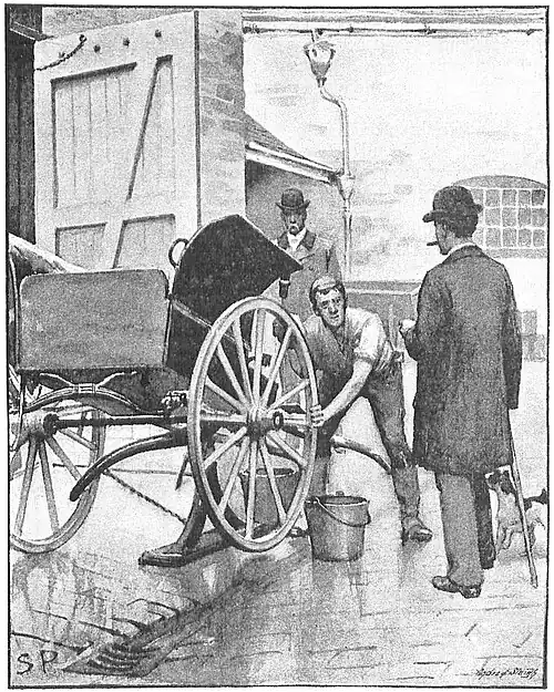Illustration of two standing men flanking a man stooping over a bucket and a two-wheeled cart