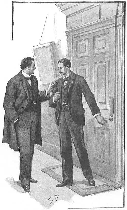 Illustration of two men at a door, one with his hand lightly on the other's shoulder
