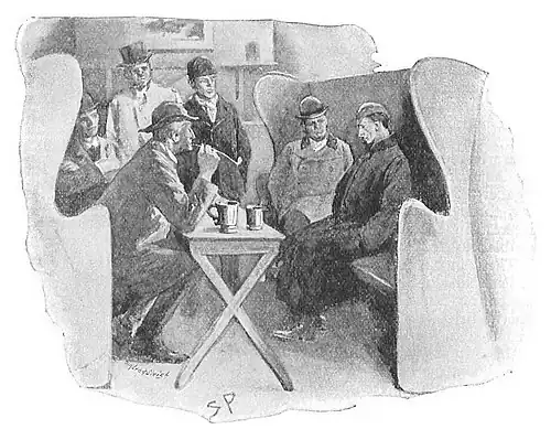 Illustration of six men clustered around high-backed benches flanking a small table