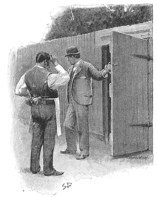 Illustration of two men, one well-dressed and the other in an apron, looking at the ground outside a tall, sturdy fence