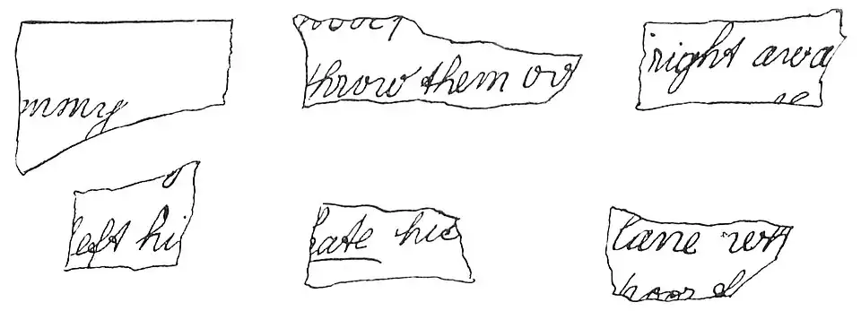 Illustration of six scraps of paper with fragmentary handwritten words