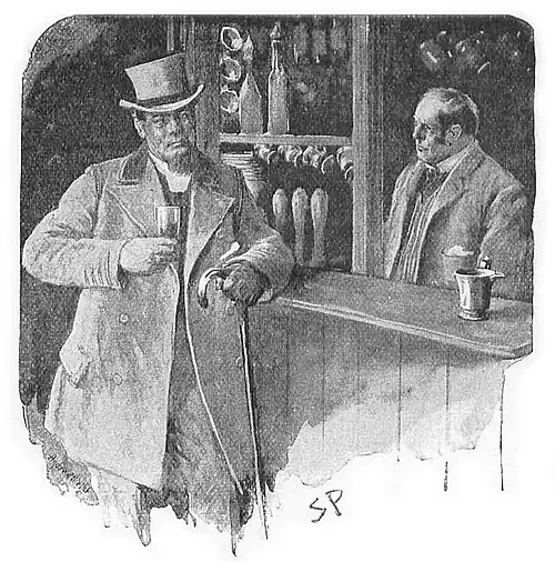 Illustration of a large man with a hat and cane leaning on a bar with the bartender looking on