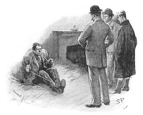 Illustration of three men regarding a man on the floor in a seated position, gagged and with a rope connecting his ankles, wrists, and neck