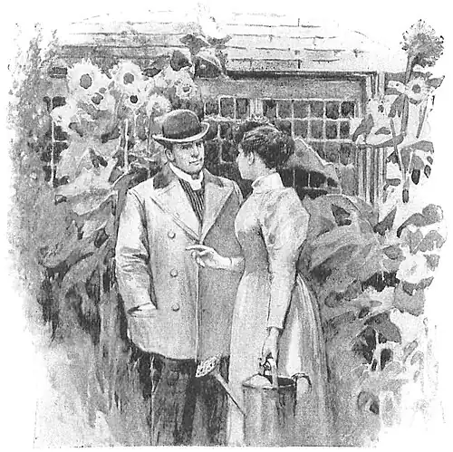 Illustration of a man and a woman standing close together in a garden