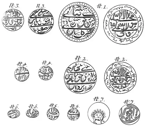 Illustration of seven coins decorated primarily with Arabic script