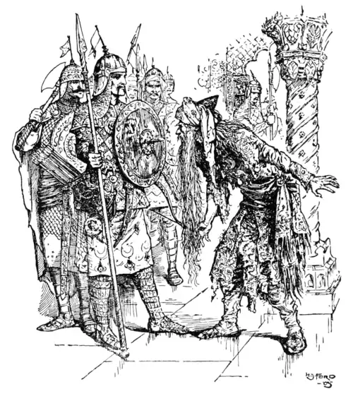 The old King sees himself reflected in the shields of the bodyguard—