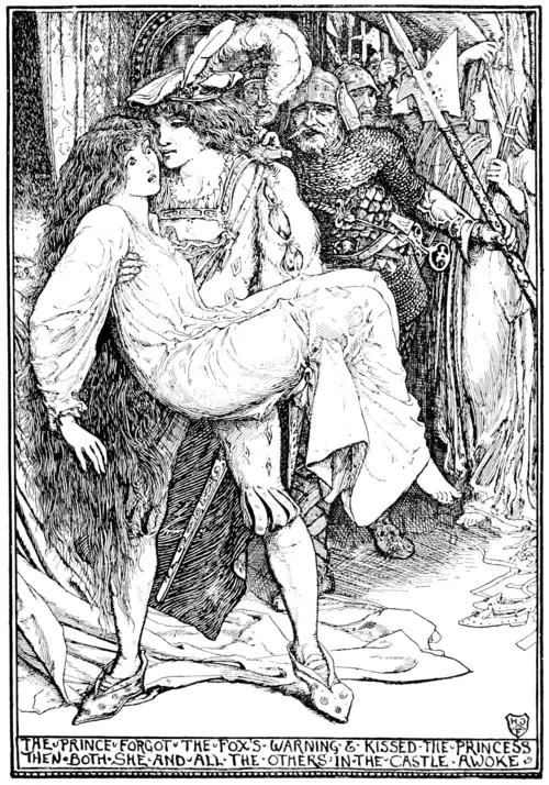 black and white full page illustration of a young man holding the a young woman in a bridal carry. The young woman is wearing an old-fashioned nightgown and looks very surprised. She has very long hair hanging loose and is barefoot. The young man has curly hair and a somewhat dazed expression. He wears a hat with several large feathers, a shirt with slashed sleeves, knee length breeches with a diamond pattern and pleated ends, and pointed flower-patterned shoes. There is a commotion behind them of guards and a woman with a torch speaking to them. The guards are liveried and carrying halberds.