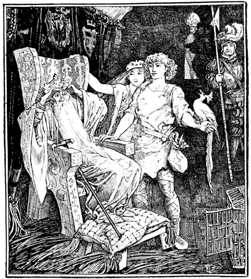black and white illustration of an old man with a crown sitting in an ornate throne and clutching his head in shock his eyes wide open. A young man stands by with a bird on his wrist (which looks maybe to be a white colored Victoria crown pigeon or similar) singing on his wrist. A young woman wearing a crown leans in to lean one hand on the young man’s shoulder in a companionable way with the other hand braced on the top of the throne. The old man has loose robes and a long white flowing beard and is resting his feet rest on a pillow. The young man has curly hair and wears a a plain ragged-edged tunic. There is a cane leaning hooked onto the edge of the throne. Behind the throne hang tapestries of heraldic crests. Behind the young man there is a guard with a halberd in livery and the bird’s cage is at his feet.