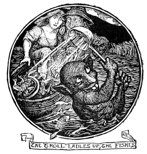 round black and white illustration of a troll waist deep in water scooping out a fish with a ladle. Behind them a young woman and an old man watch with amazement from where they are sitting in a dough trough that they are using as a boat. The dough trough is already mostly full of fish. The troll has pointed ears, a large head, large buck teeth, a muscular chest and arms, and dark skin. He is smiling like he is having a good time.