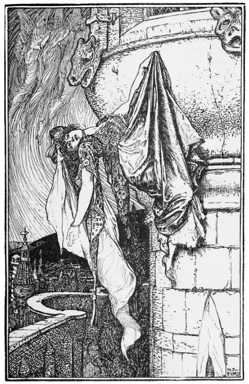 black and white illustration of a young-looking woman in finery, including a long veil dangling from her head, hanging by her dress from a small planter hook set into the side of a tower. There are stone gargoyle heads and a windowsill visible above her and a town and castle below.
