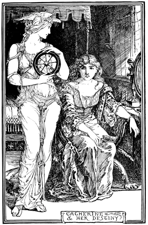 black and white full page illustration of two women. One is standing wearing a clinging vaguely Grecian dress with many knots holding it together, she is holding a small wheel and looking at the other woman. The other woman is finely dressed and seated at an ornate vanity and holding a hairbrush which she has half set down in her lap to look at the standing woman. A four-poster bed is visible in the background.
