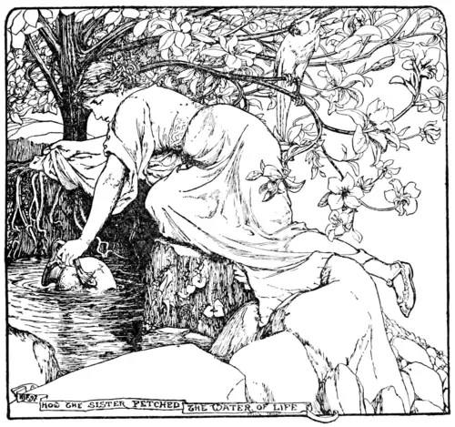 black and white illustration of a young woman laying down on the rocky edge of a pool to fill her pitcher, holding her long flowy sleeve out of the water as she does. Above her, so near she has to duck under them, is a flowering tree in full bloom with a bird on a low branch that seems to be a parrot of some kind.