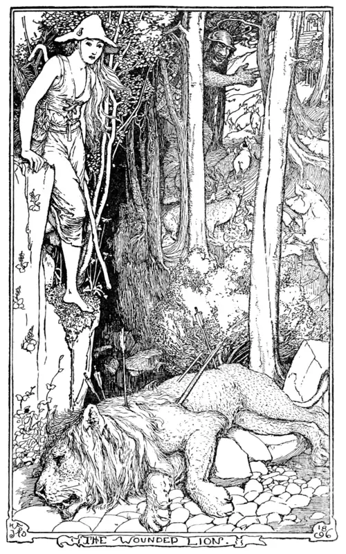Illustration of a young woman climbing down to the wounded lion